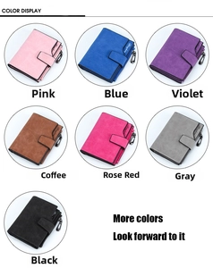 Multiple colors of matte short wallets including pink blue and violet with snap buttons