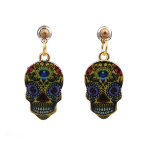 Punk style sugar skull earrings with colorful floral patterns on a polished gold stud
