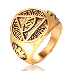 Detail of gold stainless steel signet ring with engraved Eye of Providence and sunburst patterns