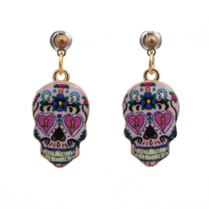 Pink and blue sugar skull earrings in punk style with heart-shaped keyhole eyes