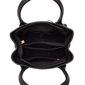 Black leather handbag featuring a multi-compartment interior and durable top handles