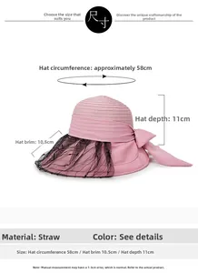 Size guide for straw sun hat with lace mesh and bow showing brim and depth measurements