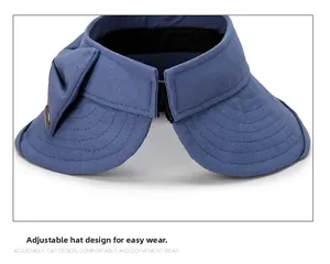 Close-up of the adjustable velcro strap and bow detail on a navy blue sun visor hat