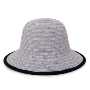 Breathable lavender knit sun hat for women with foldable brim and black decorative piping