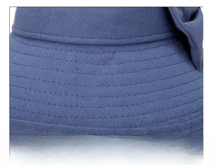 Detail shot of blue wide-brim sun hat showing rows of precise parallel stitching