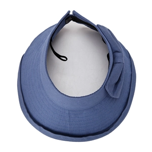 Blue wide brim open top sun hat with bow detail and elastic strap for women