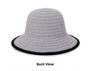 Detail view of the back of a hollow breathable knit bucket hat with a cute bow accent