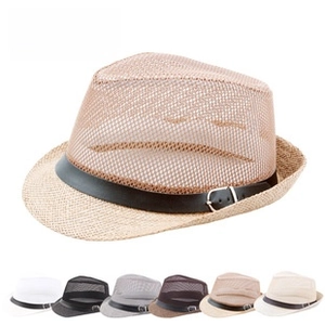 Detail view of breathable mesh fedora hat featuring a leather band and metallic buckle