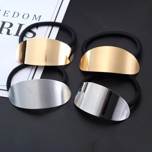 Set of 4 metallic hair ties featuring gold and silver oval plates in polished and matte finish