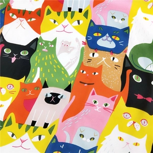 Silk feel small square scarf with vibrant cartoon cat patterns and colorful floral prints
