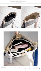 Detail of spacious interior capacity for white bucket bag showing fits for iPad and A4 magazine