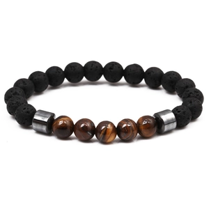8mm men's beaded bracelet featuring volcanic lava stone, tiger eye beads and metal spacers