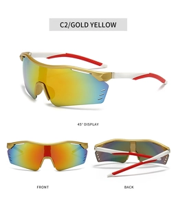 Vista multipla di occhiali da sole da ciclismo oro con lenti sfumate arancioni e aste