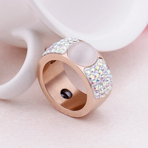 Titanium steel magnetic ring with cat eye stone and rainbow rhinestones in rose gold