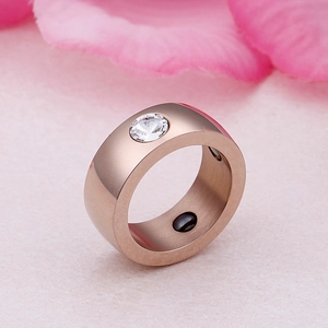 Rose gold stainless steel wide band ring with round zircon and brushed metal finish
