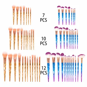 Detail of 7, 10, and 12-piece eye makeup brush sets with gradient spiral handles