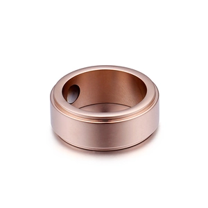 Polished rose gold titanium steel ring with minimalist industrial design at 45-degree angle
