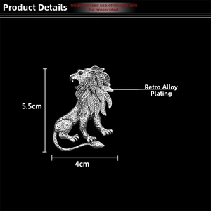 Detail showing vintage silver lion brooch dimensions 5.5cm by 4cm on black background
