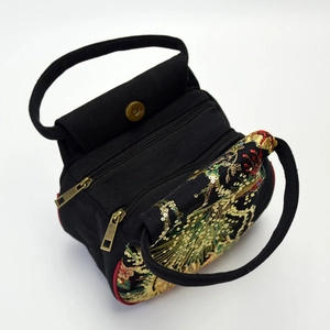 Ethnic style black canvas mini handbag with gold peacock embroidery and sequins detail