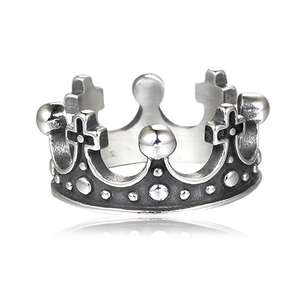 Vintage stainless steel crown ring with silver finish and antique black cross details