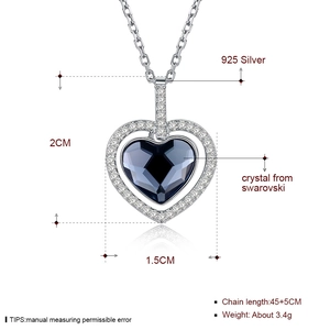 S925 sterling silver heart necklace with dark blue crystal and detailed size specs
