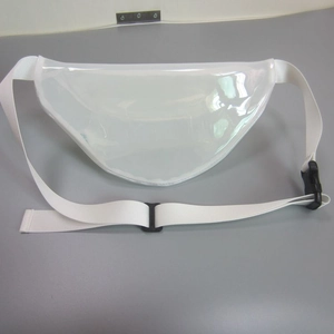 Rear view detail of a laser transparent fanny pack featuring an adjustable white strap.