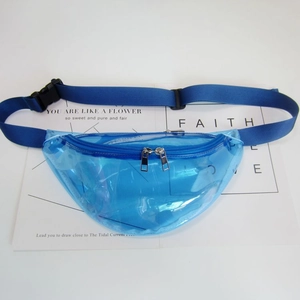 Detail of transparent blue laser waist bag showing PVC material and dual zippers