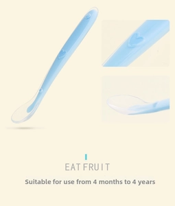 Detail of light blue silicone baby spoon with heart pattern for ages 4 months to 4 years