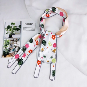 Chic cartoon cat and floral print long skinny scarf made of 100% polyester fabric