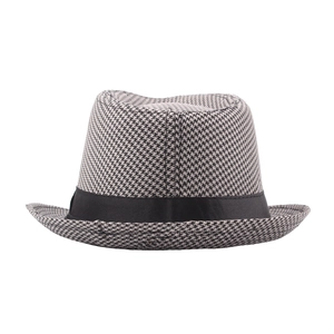 Classic houndstooth fedora hat with black satin ribbon band for summer travel