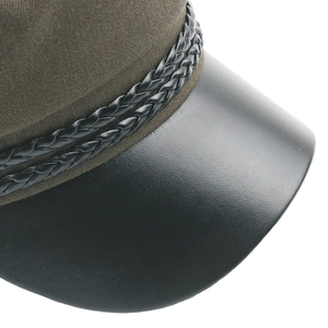Olive green army style cap with black leather visor and braided cord decorative detail