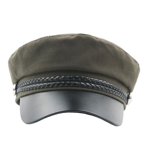 Army green canvas sailor cap with black leather visor and rope detailing