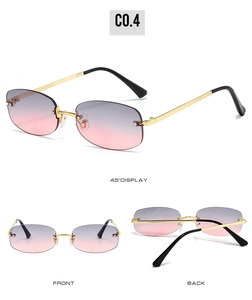 Three views of rimless Y2K sunglasses with gradient lenses and gold metal frames