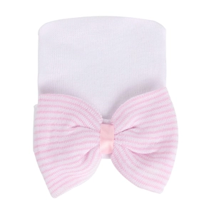 Bonnet en tricot blanc pour nouveau-né avec un grand nœud rose à rayures doux