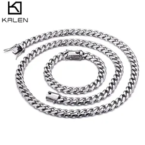 Hip hop silver Cuban chain necklace and bracelet set in 18K gold plating with CZ stones