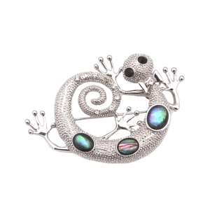 Elegant silver gecko lizard brooch with sparkling rhinestones and abalone shell inlays