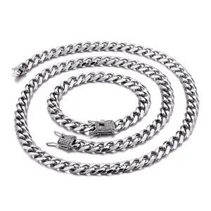 Iced out silver Cuban link chain necklace and bracelet jewelry set with CZ clasp