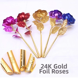 Detail showing 24K gold foil roses in five colors with engraved stem markings