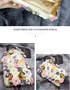 Detail view of floral evening bag with handmade 3D petals, sequins and gold chain strap