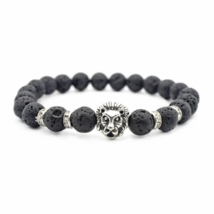 Men's black lava rock beaded bracelet with silver lion head and sparkling accents