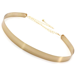 Close-up of golden mirror metal waist belt with adjustable link chain and lobster clasp