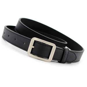 Minimalist black leather belt with silver square buckle for women, stylish jeans accessory