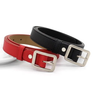 Classic red and black leather belts with square silver buckles in a minimalist style