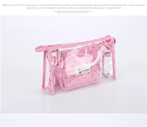 Detail of transparent PVC travel makeup bag set with crown print inner fabric pouch