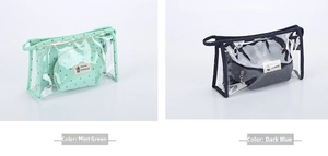 Detail of 2-in-1 clear PVC travel toiletry bag set with green and navy polka dot pouches