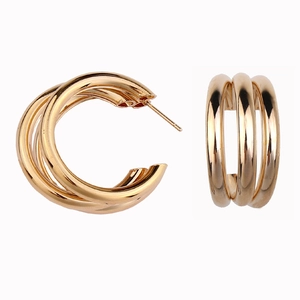 Minimalist gold triple hoop earrings with irregular semi-circular metal stacked design