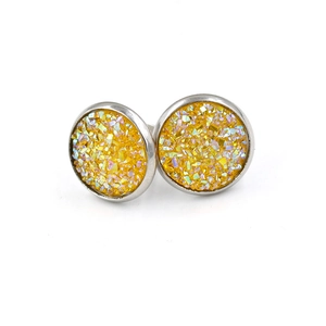 Detail of 12mm stainless steel stud earrings with yellow druzy crystal glitter texture