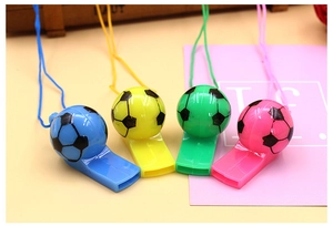 Colorful football shaped plastic whistles with matching lanyards in blue, yellow, green and pink