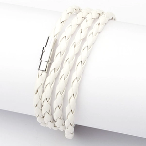 Bracciale multistrato in pelle intrecciata bianca da uomo con chiusura magnetica argento