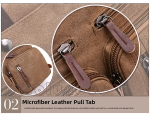Detail of microfiber leather zipper pull and gunmetal hardware on canvas briefcase